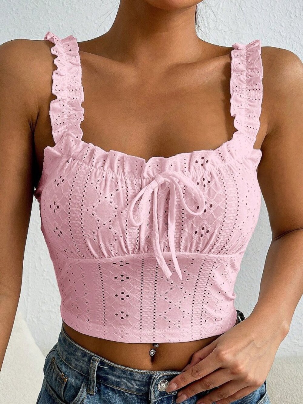 Pink Casual Women's Eyelet Embroidery Frill Trim Tie Detail Wide Strap Cami Top